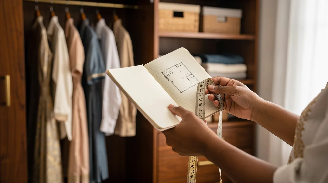 Hands with a notebook and measuring tape planning the organisation of an open closet