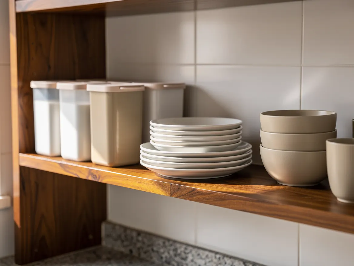 Kitchen shelf organiser with containers and neatly stacked plates