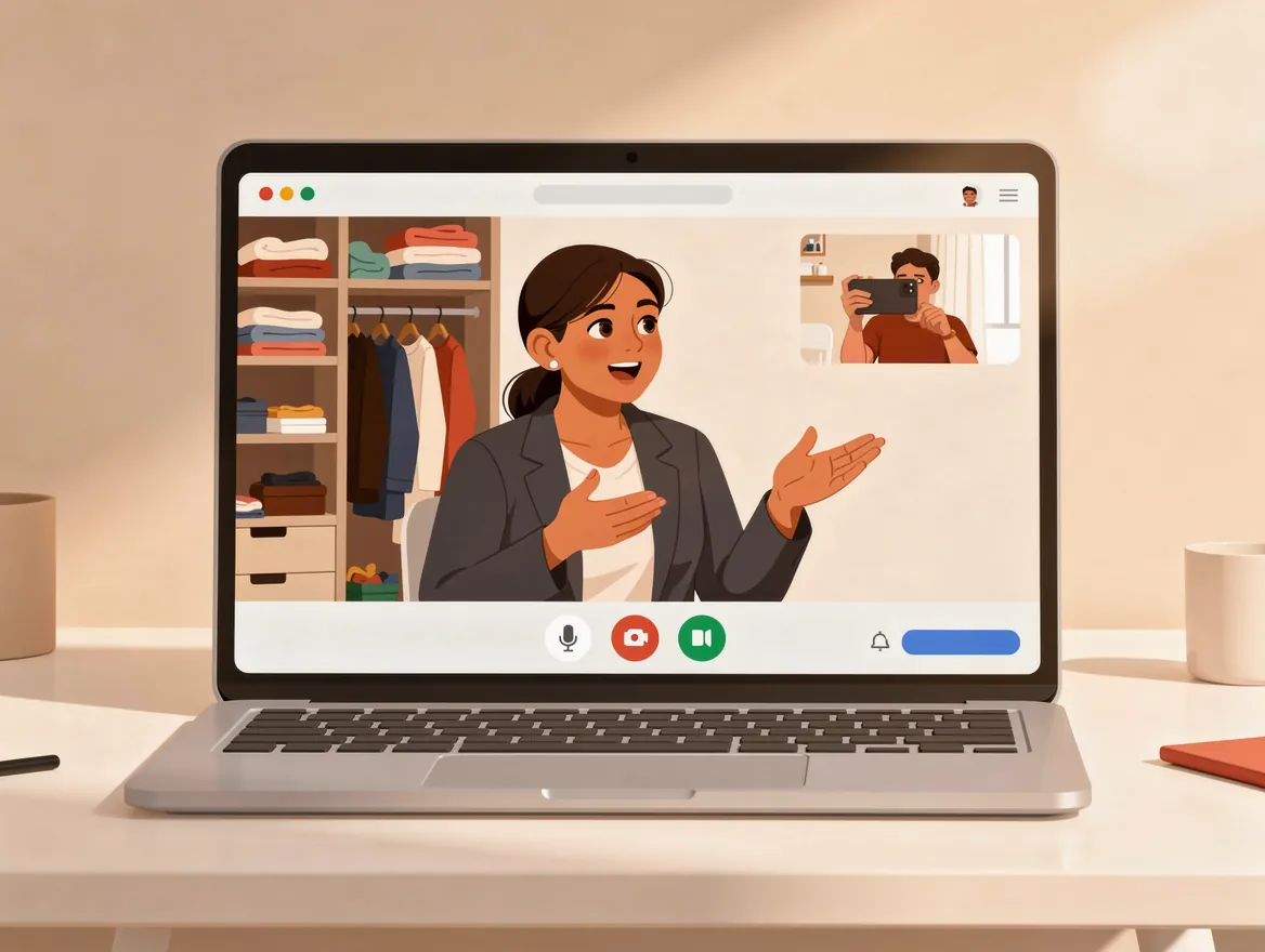 Animated illustration of Tidy Blueprints virtual organizing consultation via video call on a laptop with Google Meet-style interface