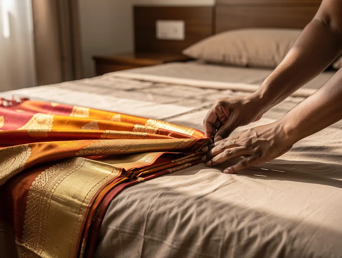 Hands neatly folding a silk saree on a bed