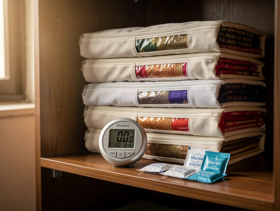 Wardrobe shelf with a hygrometer, silica gel and sarees in breathable cotton covers