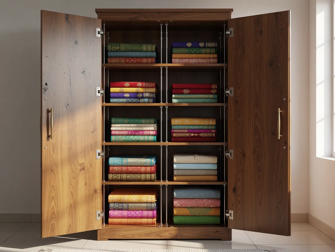 Open wooden almirah with shelves of neatly stacked, folded sarees