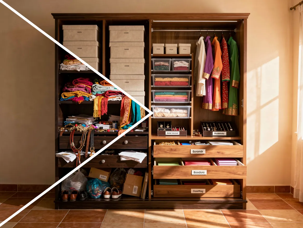 Before-and-after view of a wooden wardrobe: on the cluttered side, jewelry, papers and scarves spill out of the drawers; on the organized side, clear pull-out bins hold folded clothes above velvet jewelry trays and labeled drawers of neatly stacked fabric