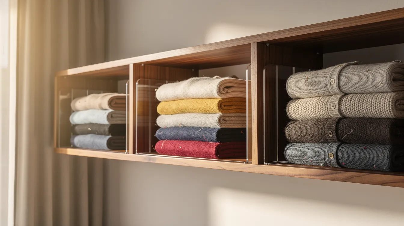 Acrylic, metal and wooden shelf dividers compared on shelves of folded sweaters