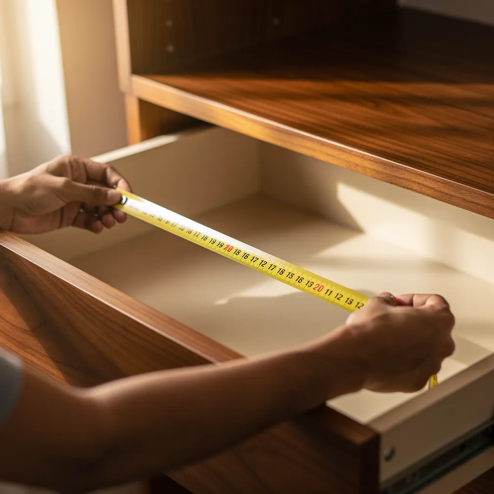 Measuring the inside of a drawer with a tape before buying organisers