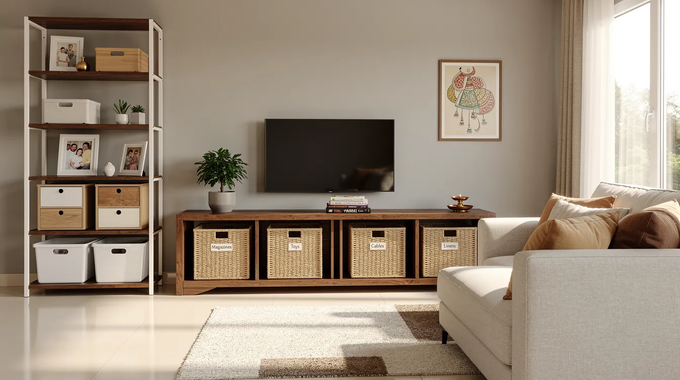 Organised living room with shelf organisers, woven baskets and a clutter-free TV unit