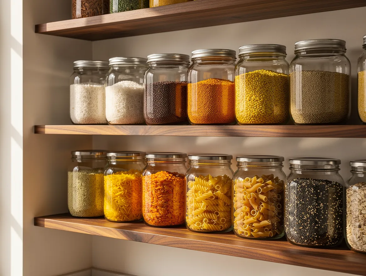 Pantry shelves with clear glass jars of rice, dal and grains grouped by type