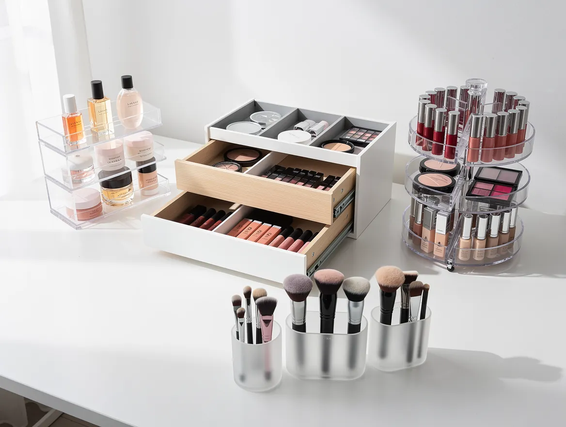 Drawer dividers, tiered acrylic trays, a rotating makeup organiser and brush holders