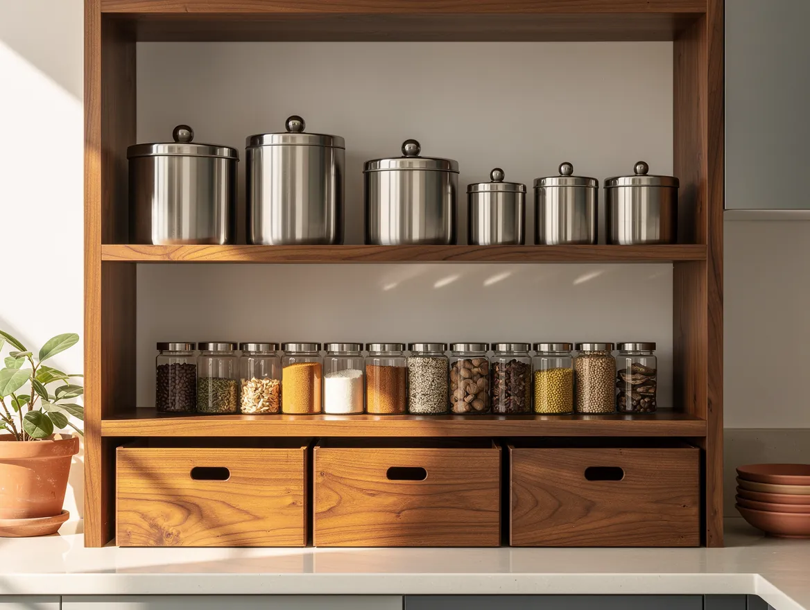 Organised kitchen shelf with matching steel containers and wooden crates
