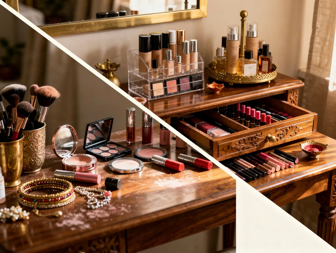 Diagonal before-and-after split of a makeup vanity — cluttered dressing table transformed into an organized space with acrylic makeup organizers, rotating storage, and drawer dividers, Bangalore Indian home aesthetic with warm natural lighting