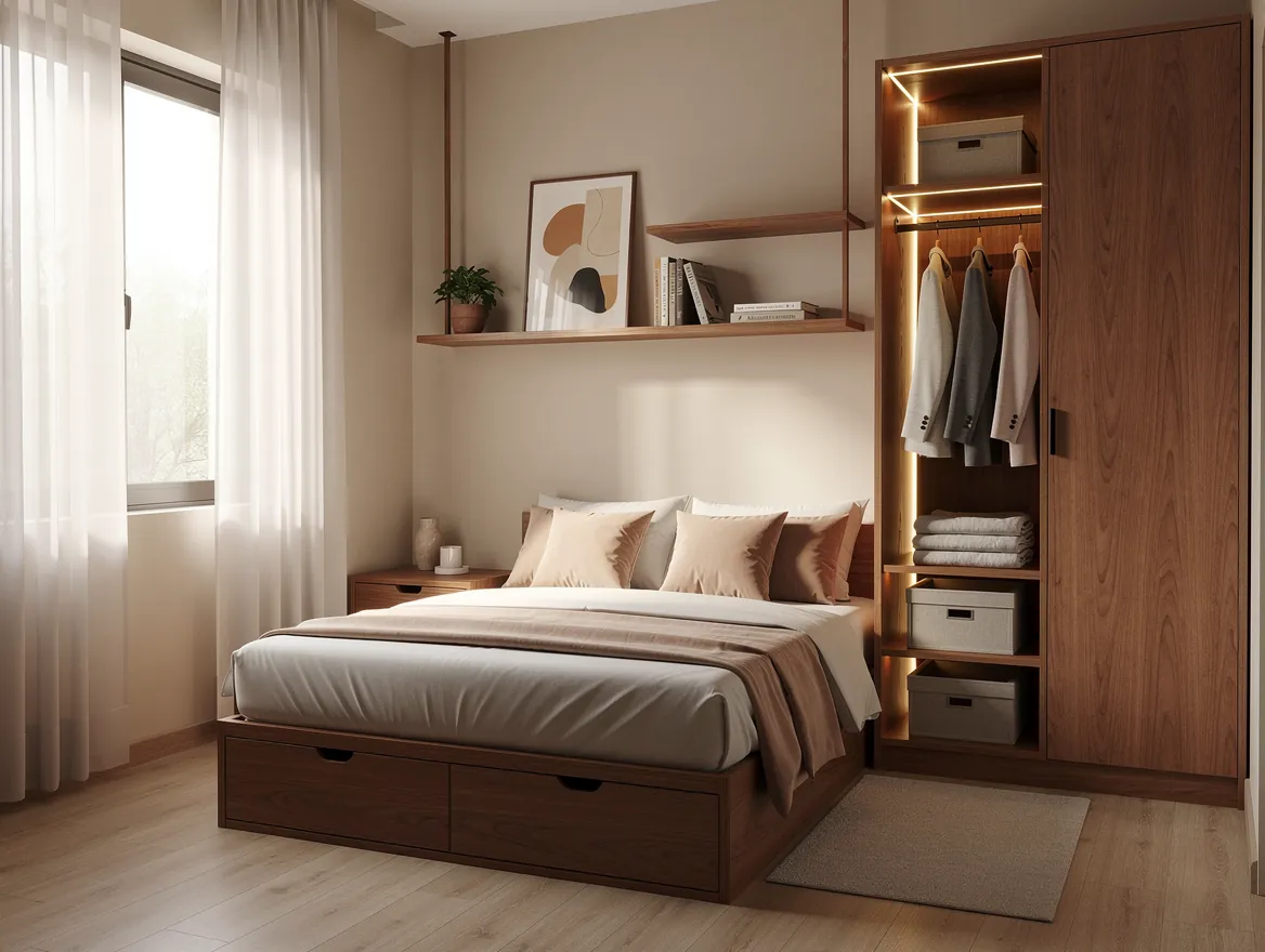 Bed with built-in drawers, lit cabinet shelves and wooden hanging shelves in a small bedroom