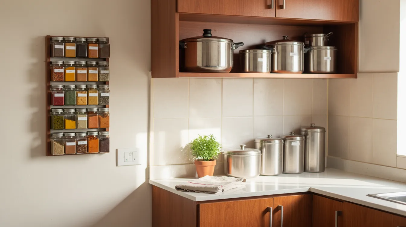 Small kitchen with a wall spice rack, open shelves of steel containers and a clear counter