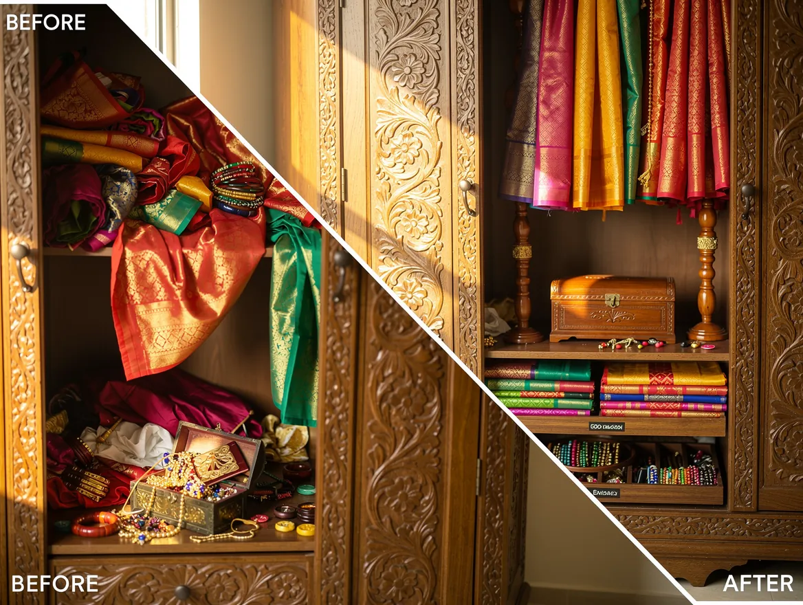 Before-and-after diagonal split showing disorganized ethnic wear wardrobe transformed to neatly folded sarees organized in cupboard with shelf dividers and traditional jewelry box — professional home organization by Tidy Blueprints in Bangalore