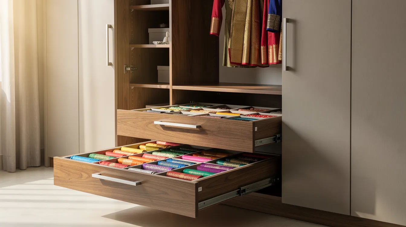 Custom wardrobe with soft-lined pull-out drawers and individual saree compartments