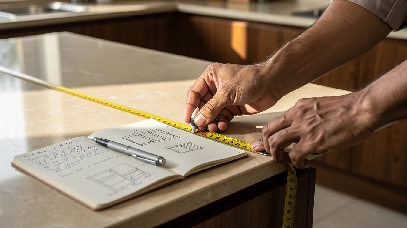 Measuring a kitchen counter with a tape and notebook while planning storage
