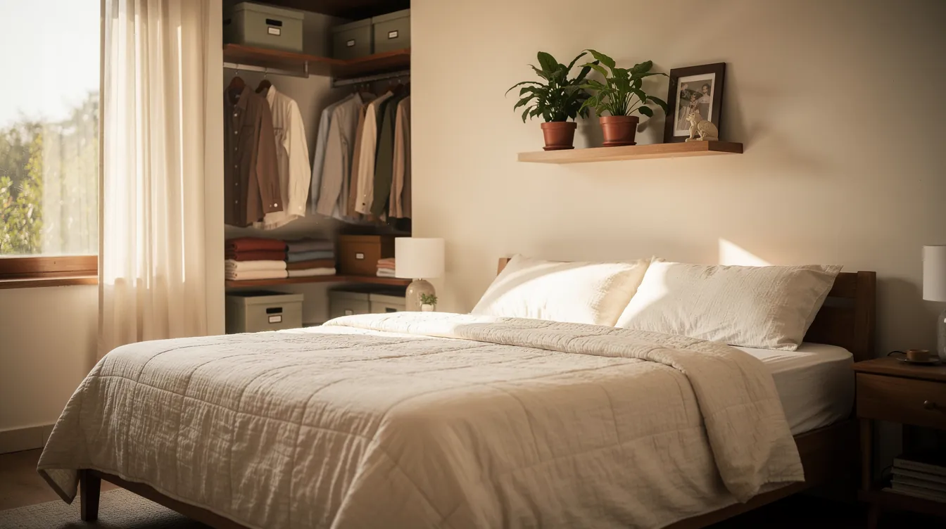 A serene, organized bedroom with natural light, neatly made bed, organized closet visible in background, plants on shelf, and calm color palette conveying peace and mental clarity — illustrating an organized room transformation