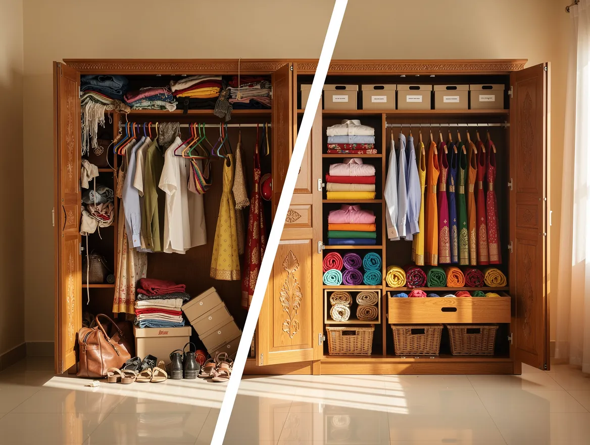 Before-and-after view of the same carved wooden cupboard: on the left, clothes piled on shelves, tangled hangers and shoes and bags on the floor; on the right, an organised cupboard with labelled boxes on the top shelf, shirts stacked by colour, rolled clothes in cubbies and woven baskets below