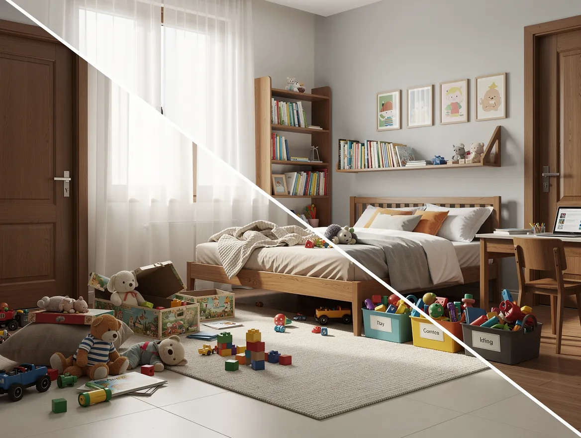 Before and after: toys scattered on a kids room floor and the same room organised