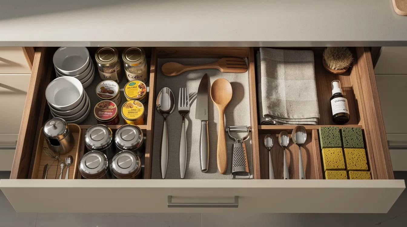 Kitchen drawer organised into zones for tea and coffee, prep tools and cleaning items