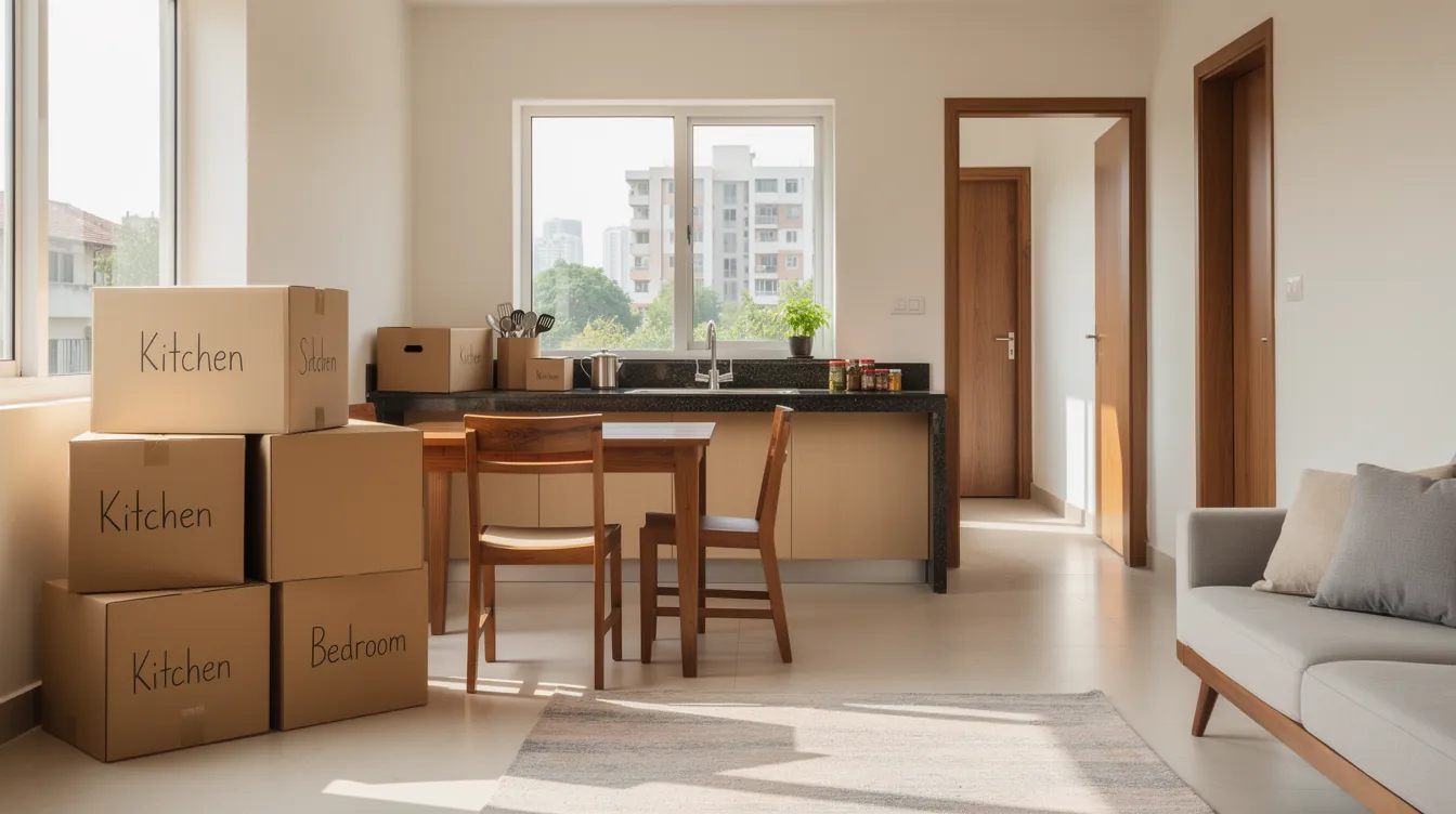 New apartment with moving boxes stacked by room and a kitchen partly set up