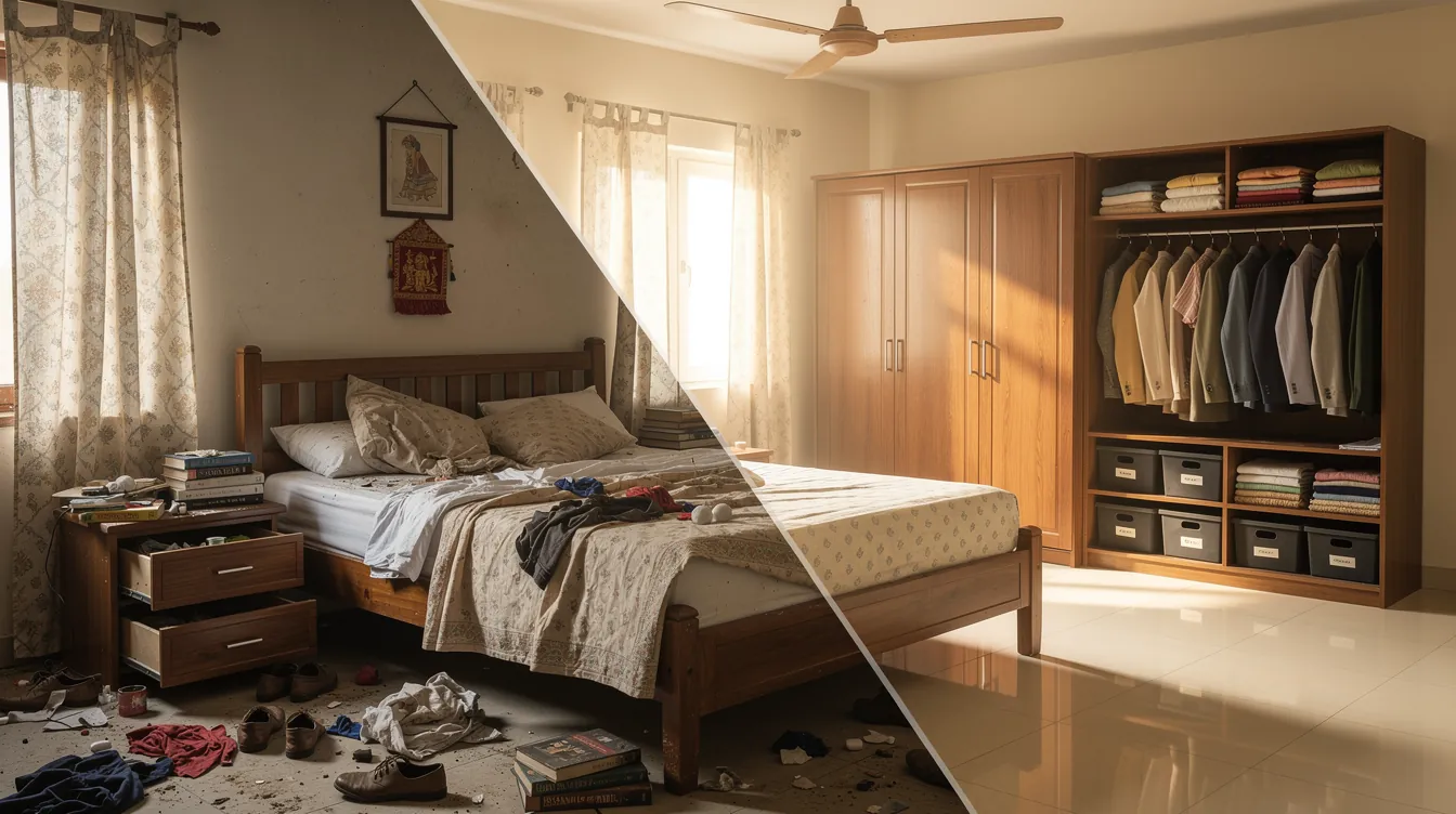 Before-and-after bedroom organization transformation: diagonal split showing a cluttered Bangalore bedroom on one side and the same room perfectly organized with labeled storage and clear surfaces on the other, warm natural daylight.