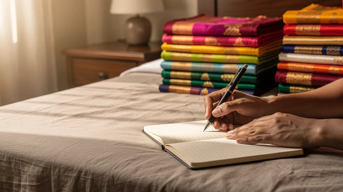 Hands taking notes beside stacks of sarees sorted by fabric