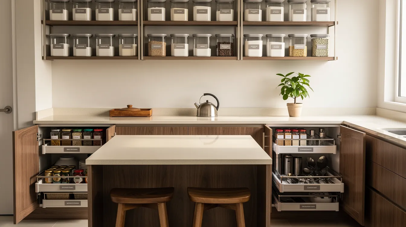 Bright kitchen with containers on open shelves and pull-out drawer organisers below