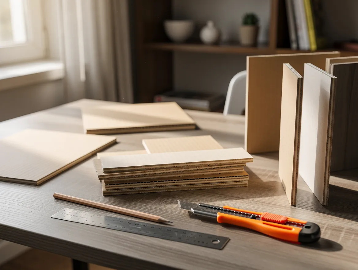 DIY cardboard and plywood shelf dividers with a ruler and cutter on a work table
