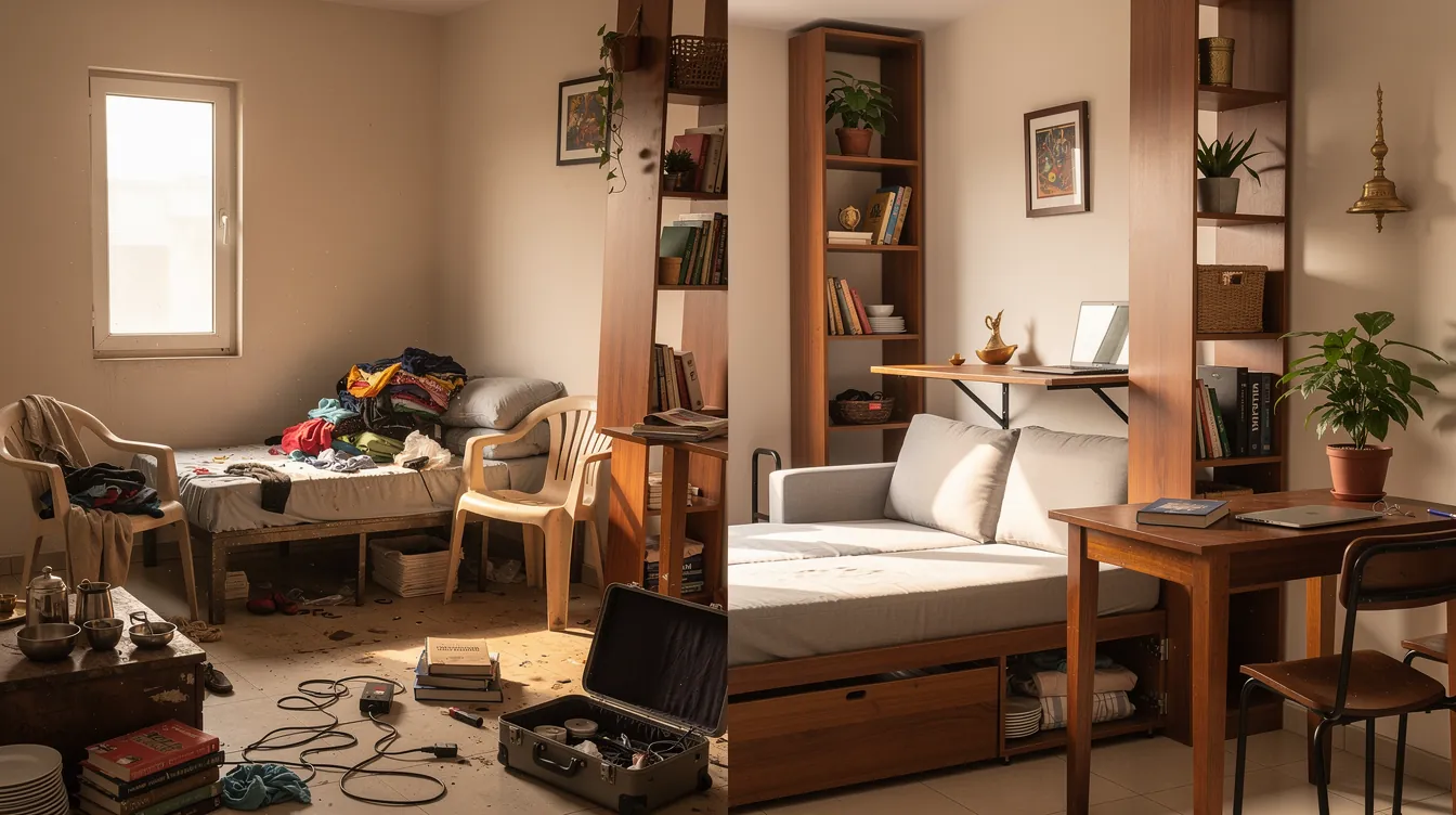 Before and after: a cluttered studio apartment organised with vertical shelving