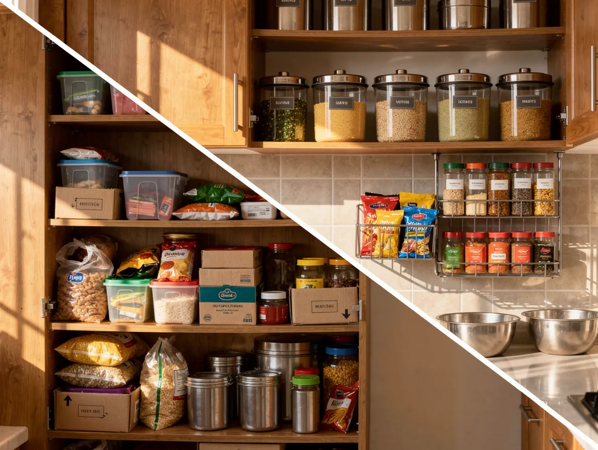 Kitchen organization before and after: cluttered pantry transformed into a neatly organized space with labeled containers, pull-out shelves, and tidy storage solutions by Tidy Blueprints Bangalore