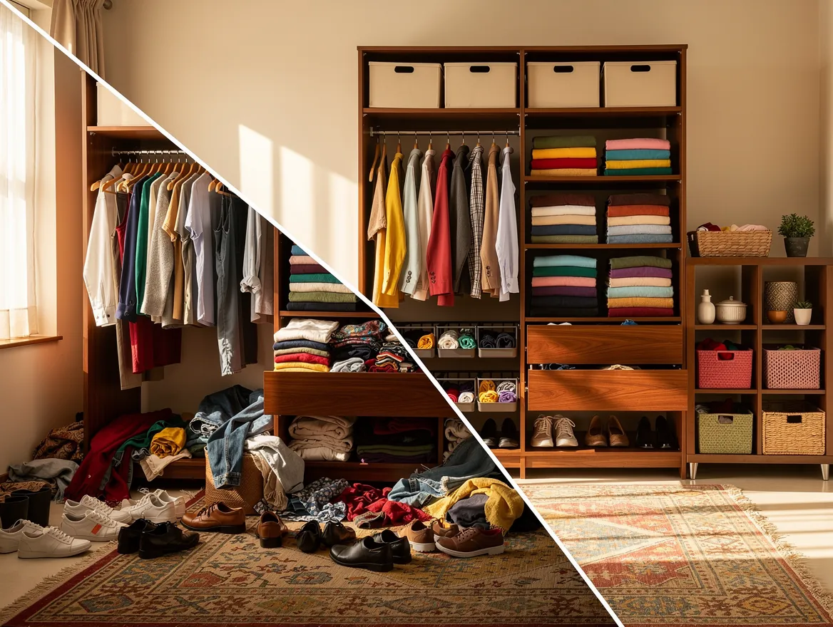 Before and after diagonal split comparison of IKEA PAX wardrobe organization showing cluttered-to-organized transformation in a warm Bangalore home bedroom