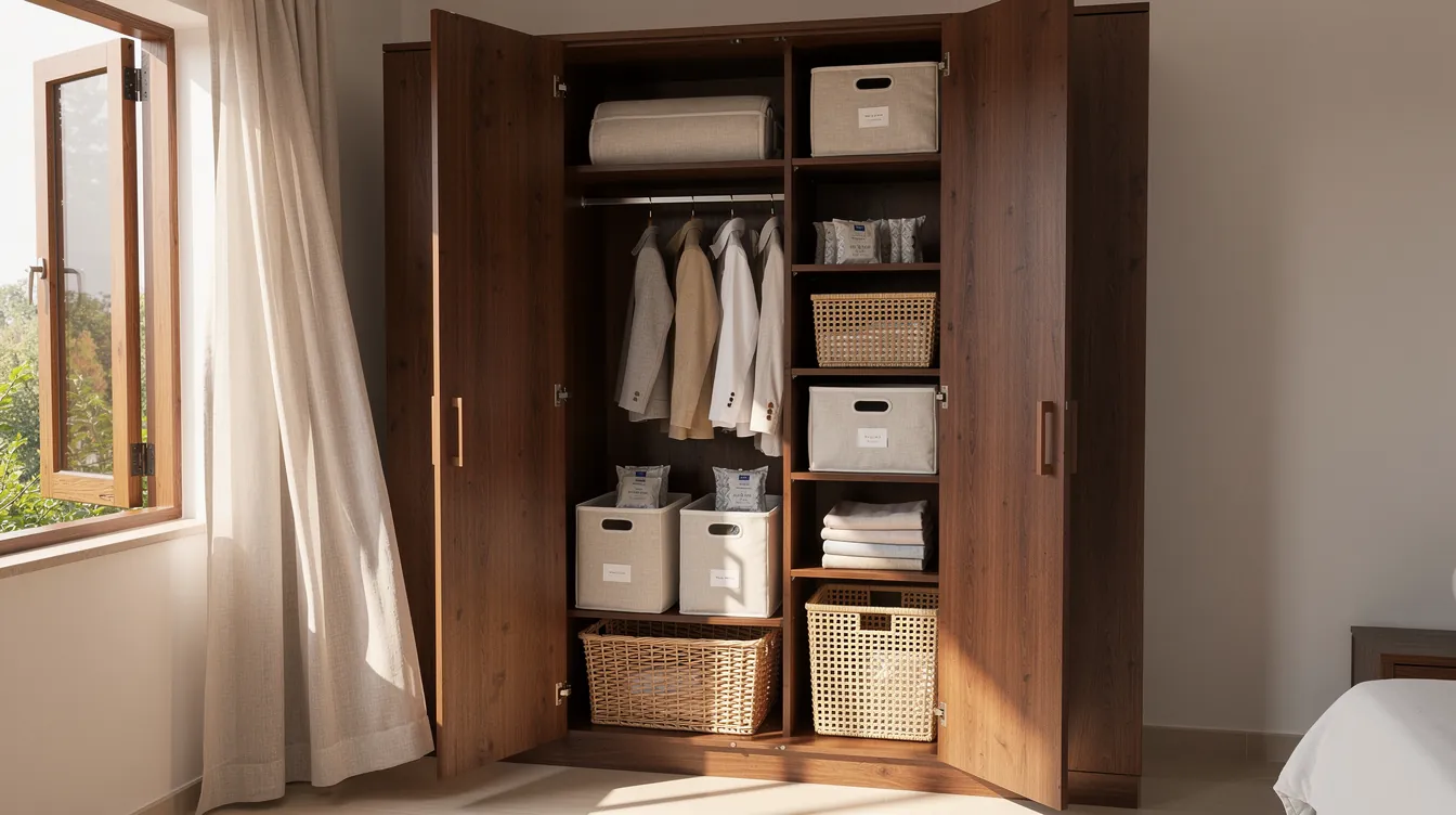 Ventilated wardrobe with breathable cotton bags, open baskets and moisture absorbers