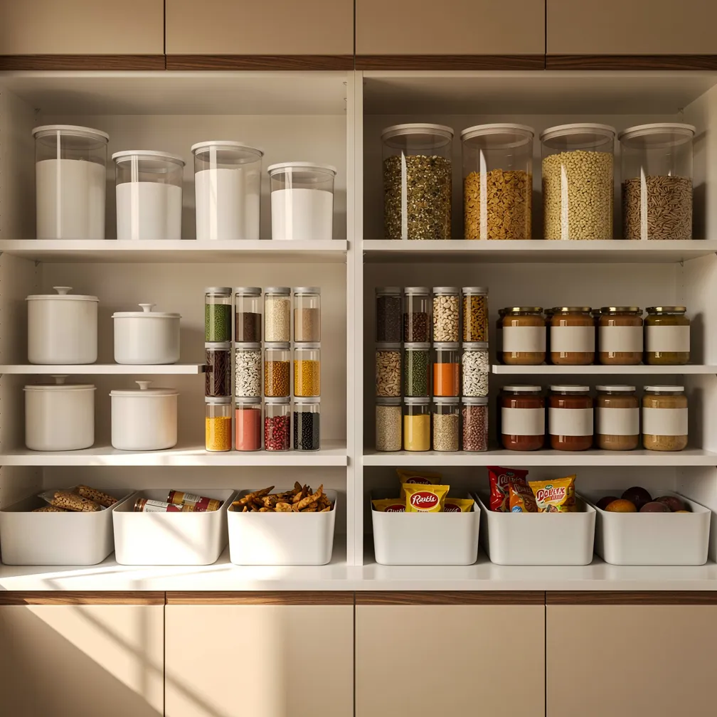 Pantry shelves organised into zones for baking, breakfast items, spices and snacks