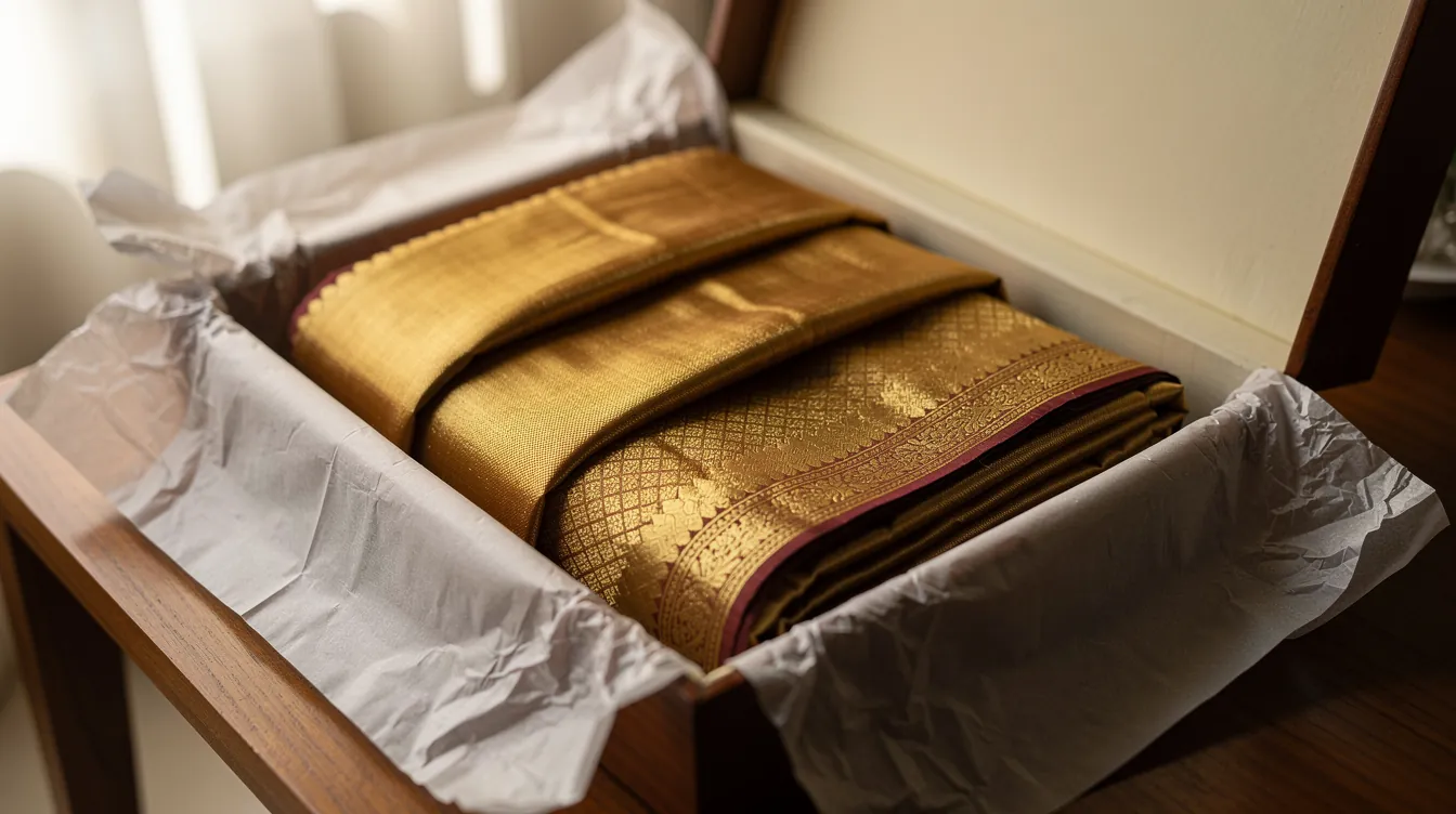 Vintage silk saree with gold brocade folded in a padded box with tissue