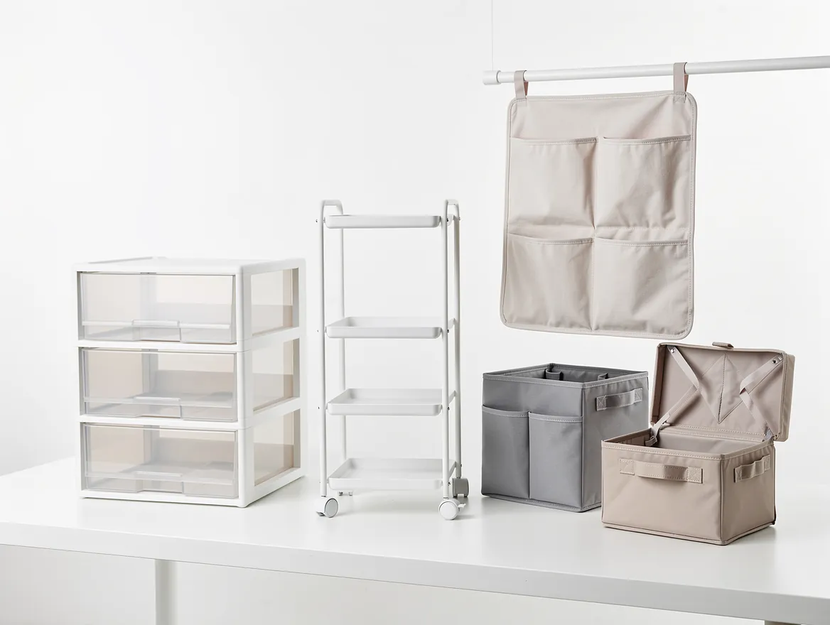 Small-space storage products: stackable drawers, a slim rolling cart and fabric boxes