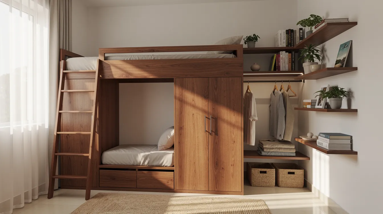 Small bedroom with a loft bed over storage, floating shelves and an organised closet