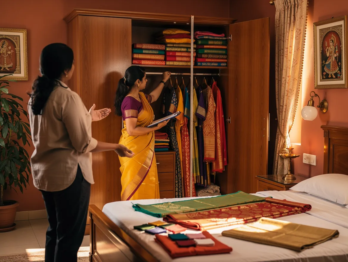 Tidy Blueprints professional organizer conducting in-home saree collection assessment in a Bangalore apartment, measuring wardrobe space and cataloguing sarees