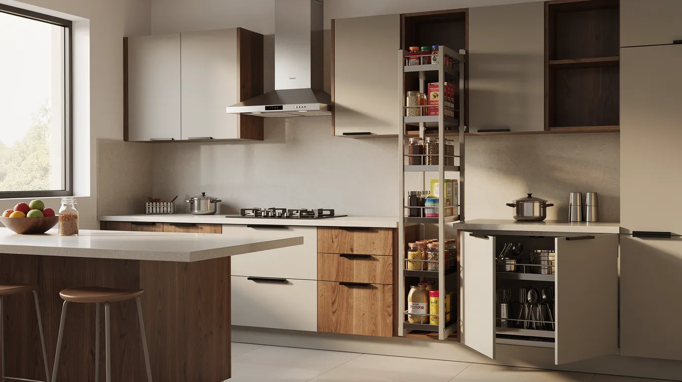 Modern kitchen with a slim vertical organiser stand and hidden pull-out storage