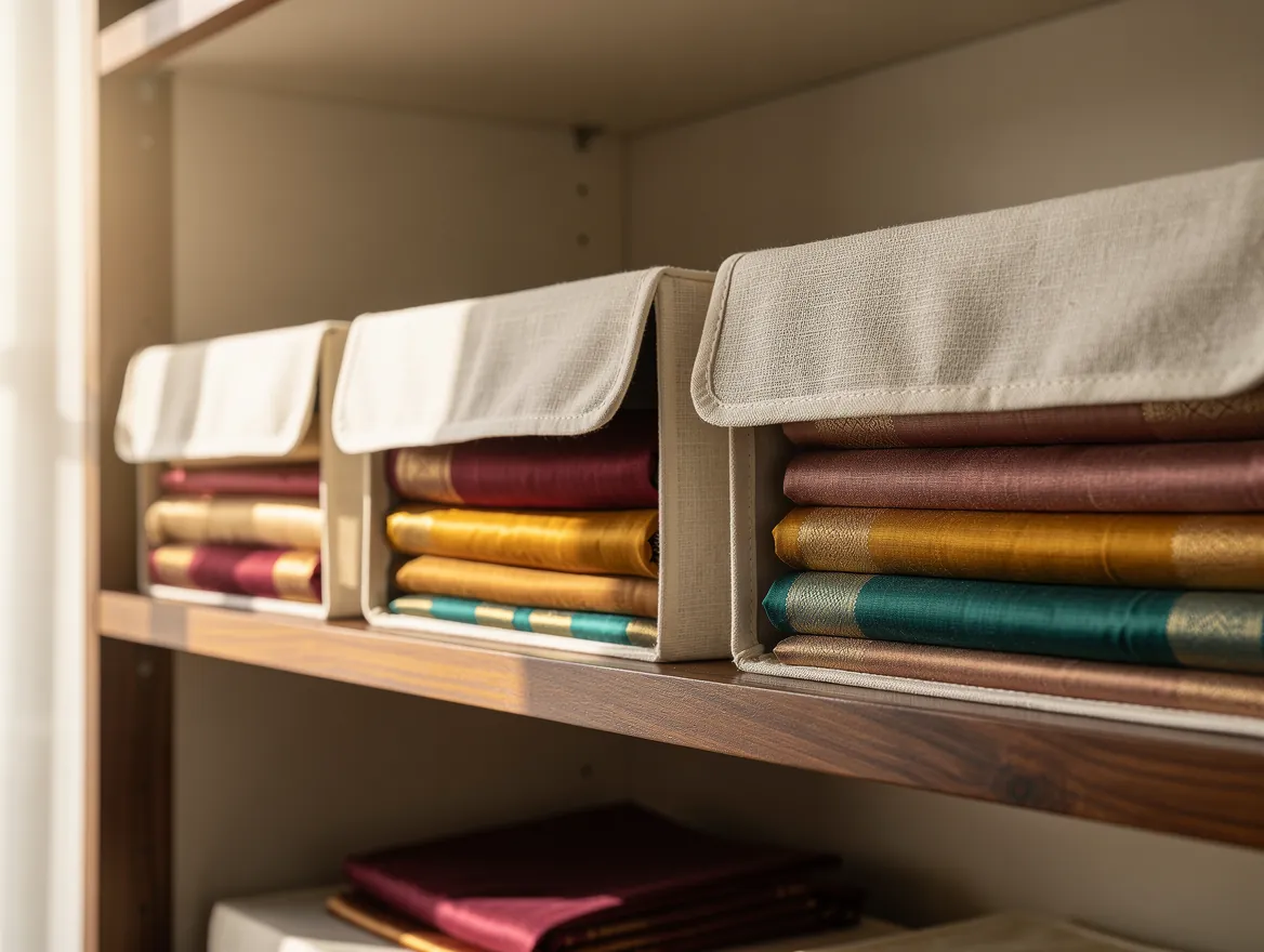 Sarees stored in breathable fabric storage boxes on a wardrobe shelf