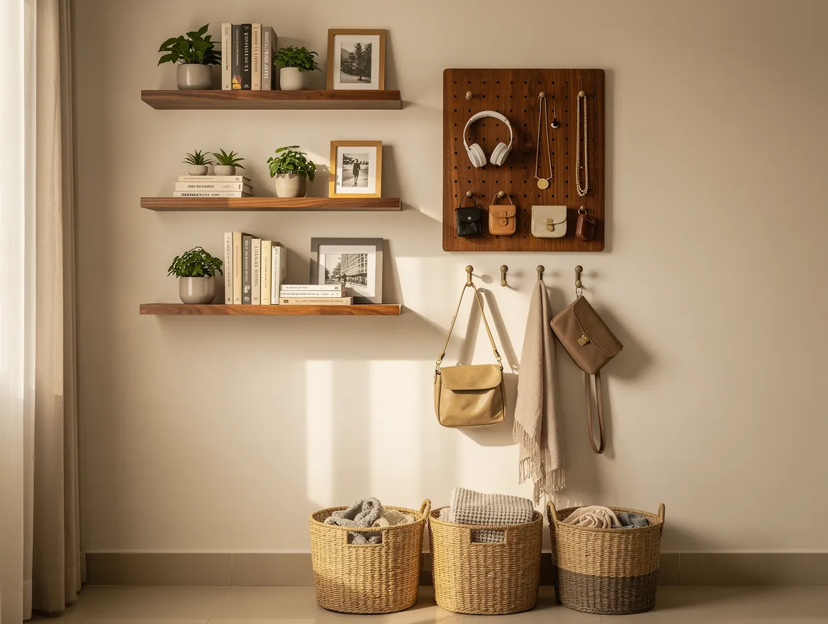 Wall-mounted shelves, a pegboard, baskets and hooks used for vertical storage in a bedroom