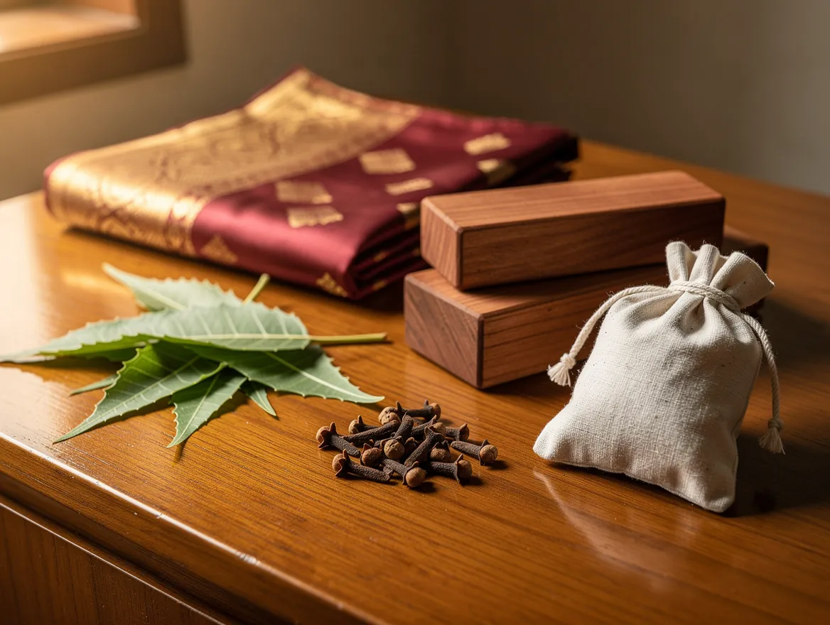 Neem leaves, cloves and cedar blocks as natural moth deterrents beside a silk saree