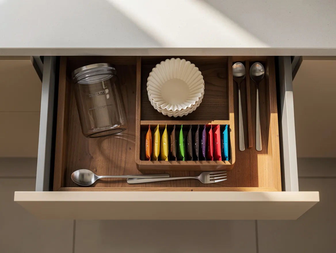Drawer insert neatly holding coffee and tea supplies, filters and small spoons
