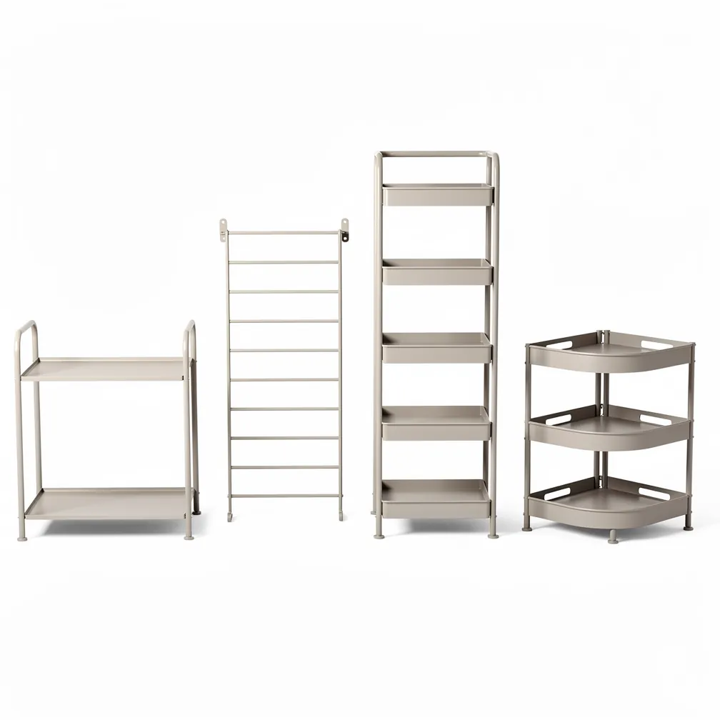 Four kinds of kitchen organiser stands: tiered, wall-mounted, freestanding and corner