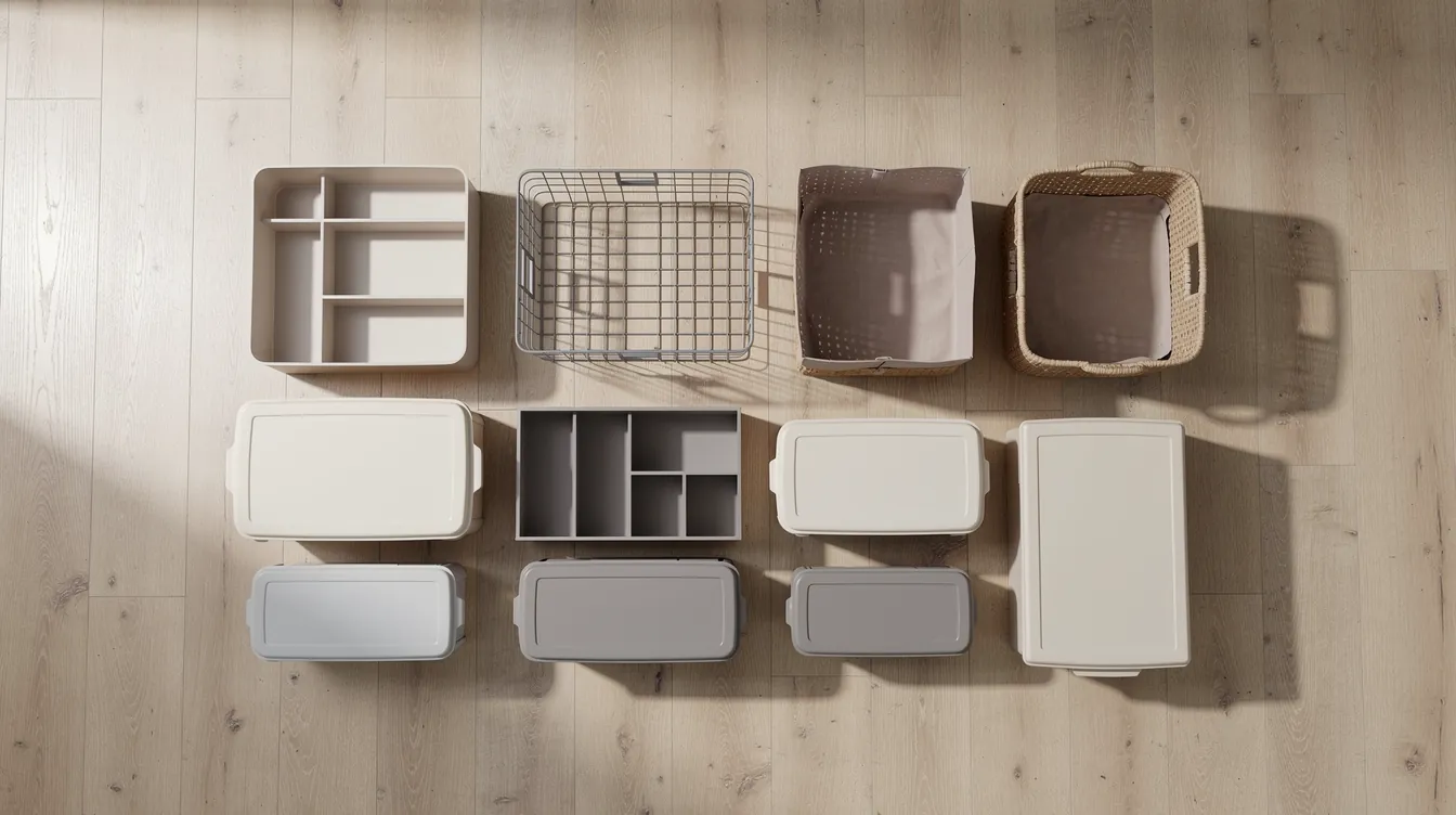 Flat lay of drawer dividers, shelf baskets, wardrobe organisers and kitchen containers