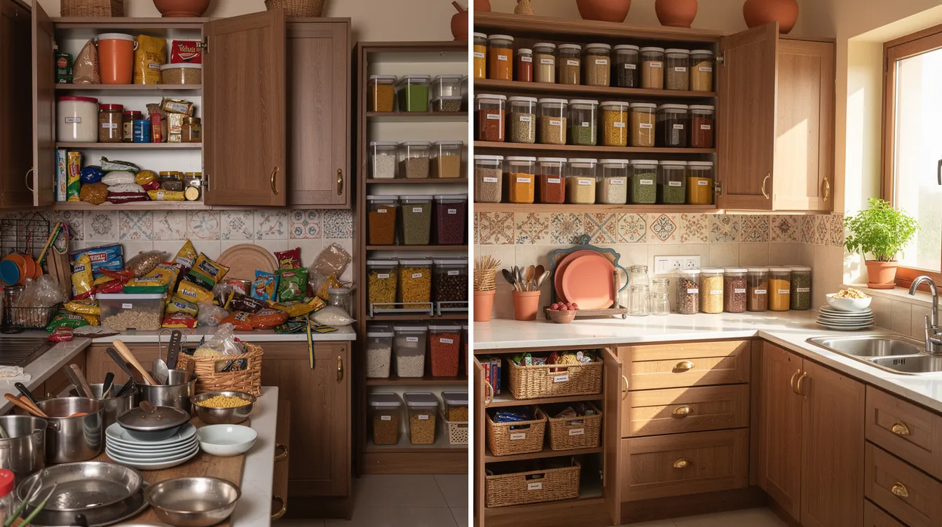 Before-and-after of an Indian kitchen in Bangalore: cluttered countertops and disorganised cabinets on one side, and the same kitchen with clear surfaces and labelled storage containers on the other