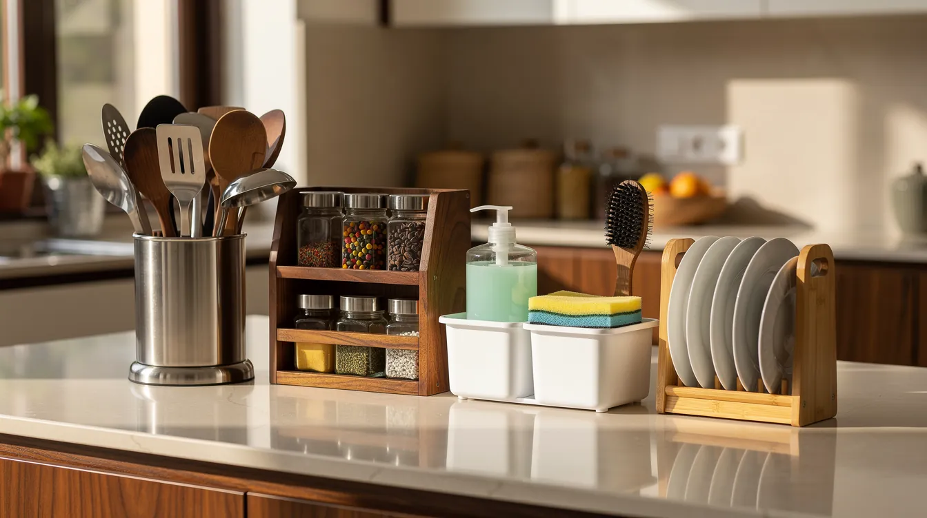 Kitchen organiser stands in steel, wood, plastic and bamboo on a counter
