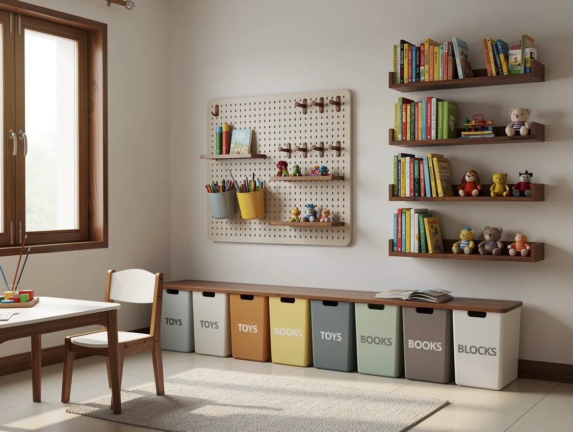 Kids room with wall-mounted shelves, a pegboard and vertical toy bins