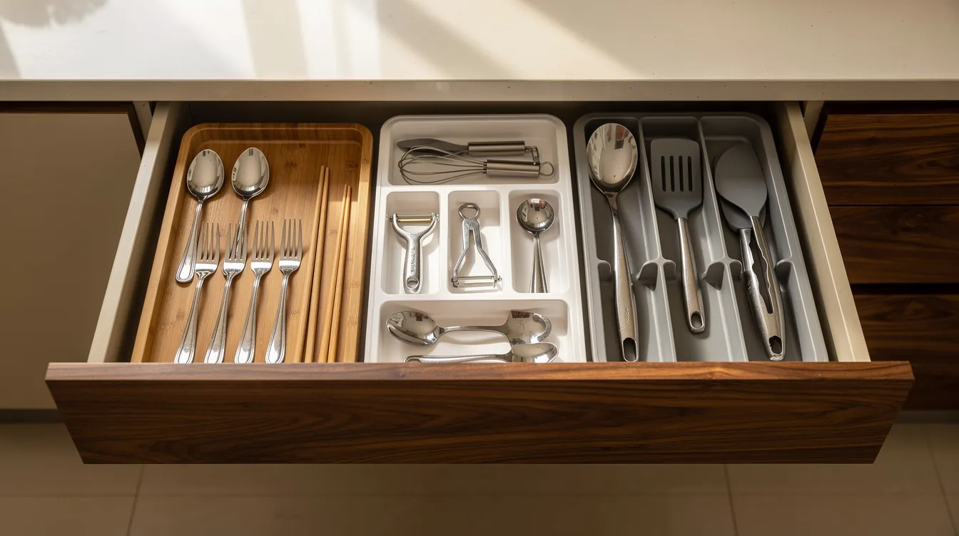 Bamboo, plastic and expandable dividers holding cutlery in a kitchen drawer