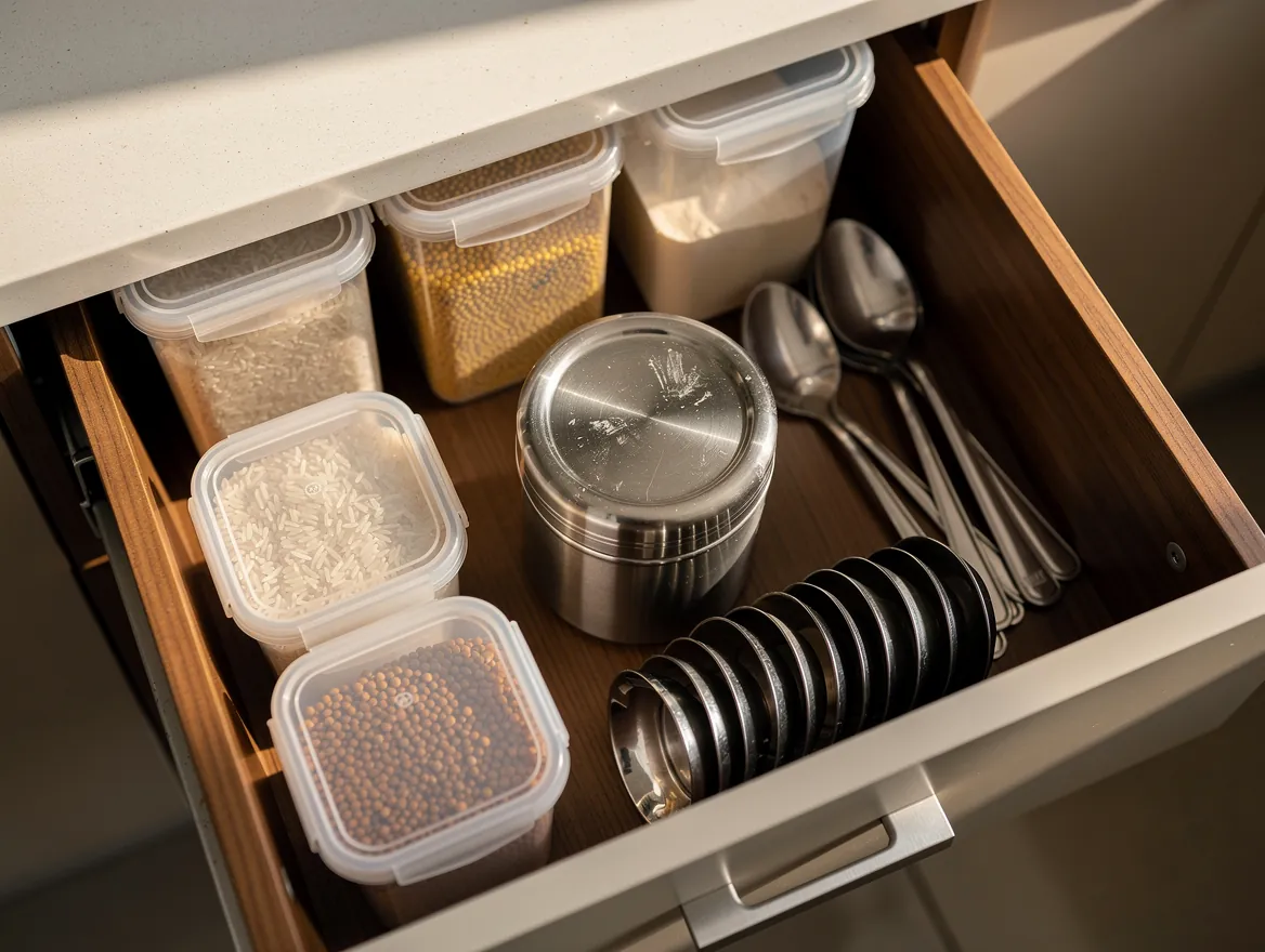 Kitchen drawer with airtight grain containers, a steel canister, stacked steel bowls and spoons