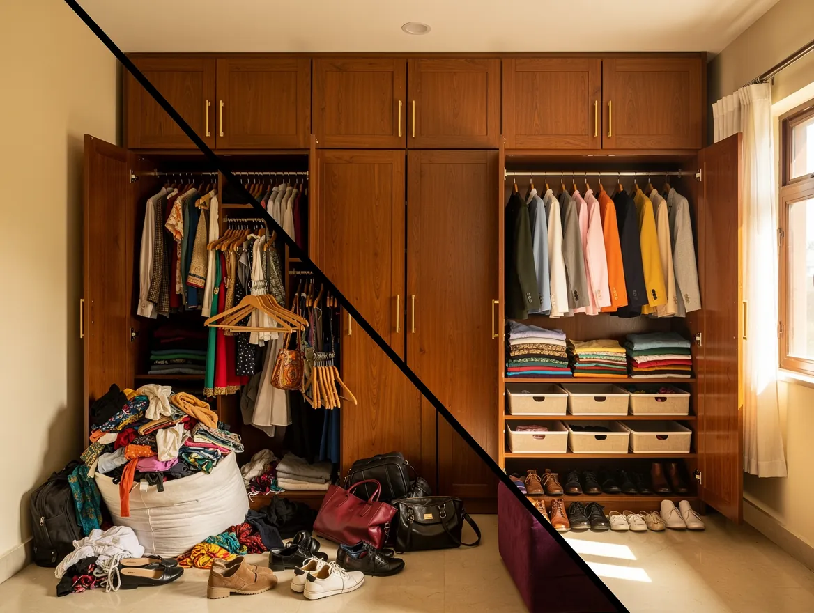 Before and after wardrobe organization transformation: cluttered hanging clothes and messy shelves on the left, beautifully organized closet with color-coded clothes, shelf dividers, drawers, and efficient storage on the right